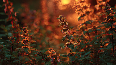 The Catmint at sunset, Golden red sunset light filters through the leaves, still atmosphere, warm orange glow blending with natural green tones.の写真素材