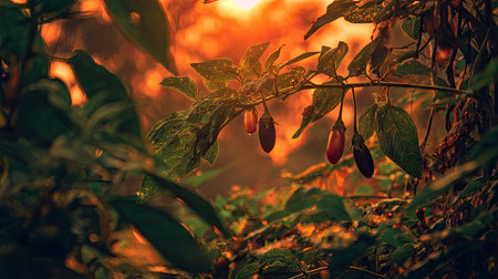Golden red sunset light filters through the leaves, still atmosphere, warm orange glow blending with natural green tones.の写真素材