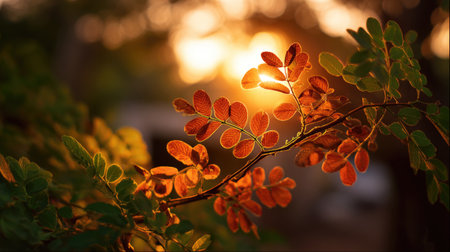 Golden red sunset light filters through the leaves, still atmosphere, warm orange glow blending with natural green tones.の写真素材