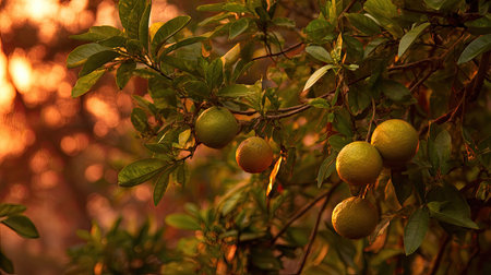 Golden red sunset light filters through the leaves, still atmosphere, warm orange glow blending with natural green tones.の写真素材