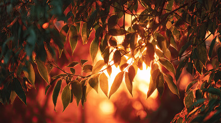 Golden red sunset light filters through the leaves, still atmosphere, warm orange glow blending with natural green tones.の写真素材