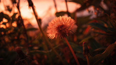 The Dandelion at sunset, Golden red sunset light filters through the leaves, still atmosphere, warm orange glow blending with natural green tones.の写真素材