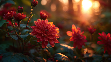 Golden red sunset light filters through the leaves, still atmosphere, warm orange glow blending with natural green tones.の写真素材