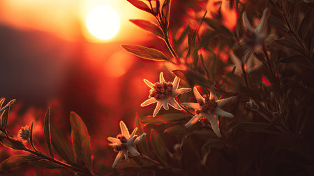 The Edelweiss at sunset, Golden red sunset light filters through the leaves, still atmosphere, warm orange glow blending with natural green tones.の写真素材
