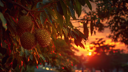 The Durian at sunset, Golden red sunset light filters through the leaves, still atmosphere, warm orange glow blending with natural green tones.の写真素材