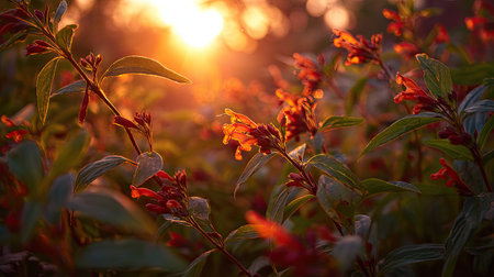 The Cuphea at sunset, Golden red sunset light filters through the leaves, still atmosphere, warm orange glow blending with natural green tones.の写真素材