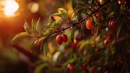 The Hog plum at sunset, Golden red sunset light filters through the leaves, still atmosphere, warm orange glow blending with natural green tones.の写真素材