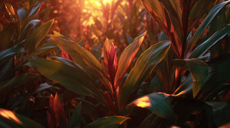 The Crinum at sunset, Golden red sunset light filters through the leaves, still atmosphere, warm orange glow blending with natural green tones.の写真素材