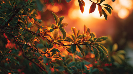 The Clove at sunset, Golden red sunset light filters through the leaves, still atmosphere, warm orange glow blending with natural green tones.の写真素材