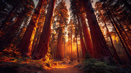The Giant sequoia at sunset, Golden red sunset light filters through the leaves, still atmosphere, warm orange glow blending with natural green tones.の写真素材
