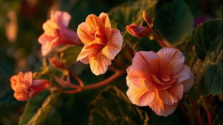 The Gloxinia at sunset, Golden red sunset light filters through the leaves, still atmosphere, warm orange glow blending with natural green tones.の写真素材