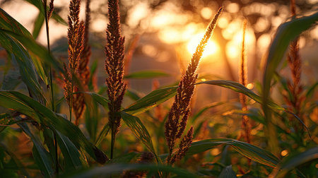 The Foxtail millet at sunset, Golden red sunset light filters through the leaves, still atmosphere, warm orange glow blending with natural green tones.の写真素材