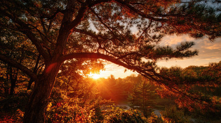 The Eastern white pine at sunset, Golden red sunset light filters through the leaves, still atmosphere, warm orange glow blending with natural green tones.の写真素材