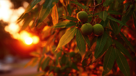 The English walnut at sunset, Golden red sunset light filters through the leaves, still atmosphere, warm orange glow blending with natural green tones.の写真素材