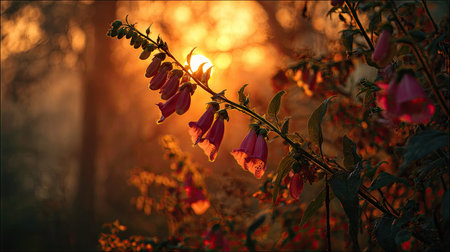 The Foxglove at sunset, Golden red sunset light filters through the leaves, still atmosphere, warm orange glow blending with natural green tones.の写真素材