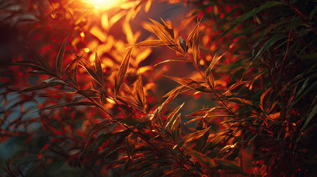 Golden red sunset light filters through the leaves, still atmosphere, warm orange glow blending with natural green tones.の写真素材
