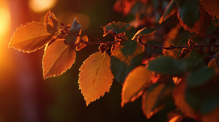 The Elm at sunset, Golden red sunset light filters through the leaves, still atmosphere, warm orange glow blending with natural green tones.の写真素材