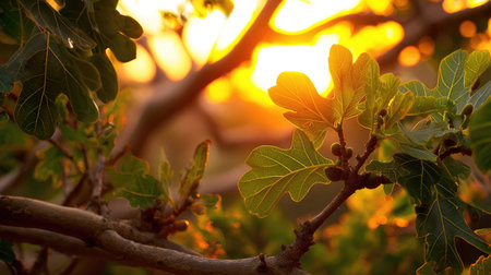 The Fig tree at sunset, Golden red sunset light filters through the leaves, still atmosphere, warm orange glow blending with natural green tones.の写真素材