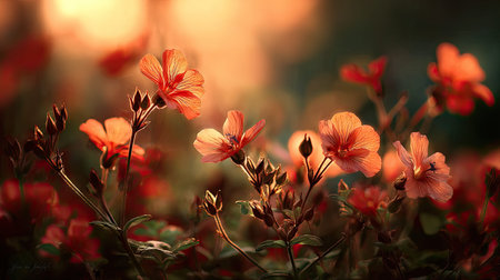 The Gilia at sunset, Golden red sunset light filters through the leaves, still atmosphere, warm orange glow blending with natural green tones.の写真素材