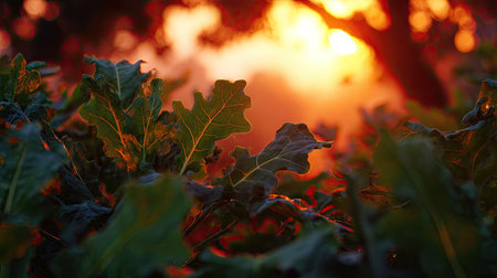 The Kale at sunset, Golden red sunset light filters through the leaves, still atmosphere, warm orange glow blending with natural green tones.の写真素材