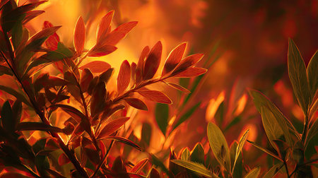 The Mahogany at sunset, Golden red sunset light filters through the leaves, still atmosphere, warm orange glow blending with natural green tones.の写真素材