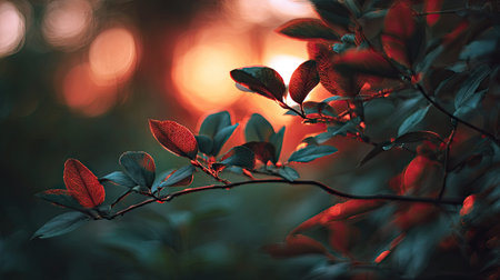 Golden red sunset light filters through the leaves, still atmosphere, warm orange glow blending with natural green tones.の写真素材