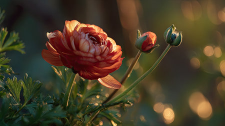 The Ranunculus at sunset, Golden red sunset light filters through the leaves, still atmosphere, warm orange glow blending with natural green tones.の写真素材