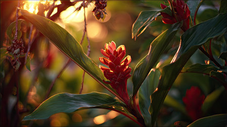The Torch ginger at sunset, Golden red sunset light filters through the leaves, still atmosphere, warm orange glow blending with natural green tones.の写真素材