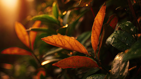 Golden red sunset light filters through the leaves, still atmosphere, warm orange glow blending with natural green tones.の写真素材