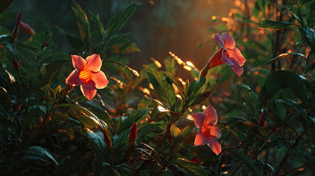 The Mandevilla at sunset, Golden red sunset light filters through the leaves, still atmosphere, warm orange glow blending with natural green tones.の写真素材