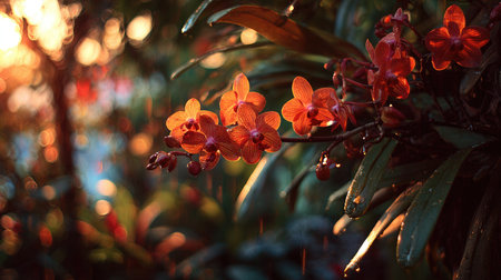 The Orchid at sunset, Golden red sunset light filters through the leaves, still atmosphere, warm orange glow blending with natural green tones.の写真素材