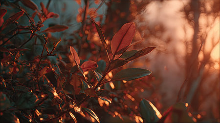 Golden red sunset light filters through the leaves, still atmosphere, warm orange glow blending with natural green tones.の写真素材