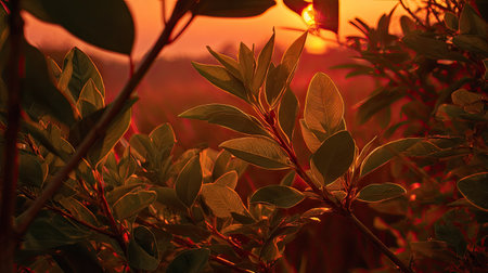 The Lucuma at sunset, Golden red sunset light filters through the leaves, still atmosphere, warm orange glow blending with natural green tones.の写真素材