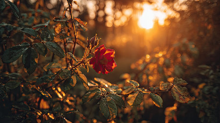 The Rose at sunset, Golden red sunset light filters through the leaves, still atmosphere, warm orange glow blending with natural green tones.の写真素材
