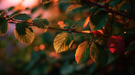 The Slippery elm at sunset, Golden red sunset light filters through the leaves, still atmosphere, warm orange glow blending with natural green tones.の写真素材