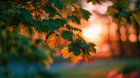 The Norway maple at sunset, Golden red sunset light filters through the leaves, still atmosphere, warm orange glow blending with natural green tones.の写真素材