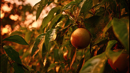 The Passion fruit at sunset, Golden red sunset light filters through the leaves, still atmosphere, warm orange glow blending with natural green tones.の写真素材
