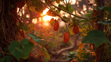 The Ridge gourd at sunset, Golden red sunset light filters through the leaves, still atmosphere, warm orange glow blending with natural green tones.の写真素材