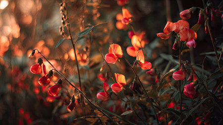 The Sweet pea at sunset, Golden red sunset light filters through the leaves, still atmosphere, warm orange glow blending with natural green tones.の写真素材