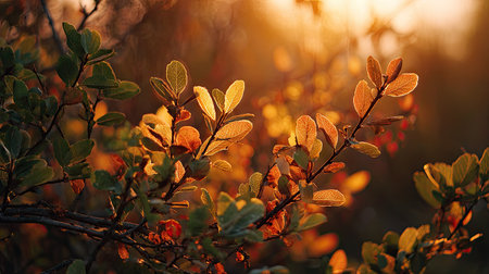 The Mirabelle at sunset, Golden red sunset light filters through the leaves, still atmosphere, warm orange glow blending with natural green tones.の写真素材