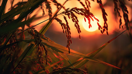 The Rice at sunset, Golden red sunset light filters through the leaves, still atmosphere, warm orange glow blending with natural green tones.の写真素材
