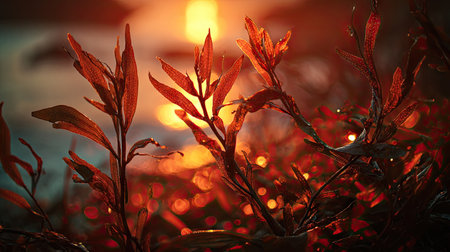 The Seaweed at sunset, Golden red sunset light filters through the leaves, still atmosphere, warm orange glow blending with natural green tones.の写真素材