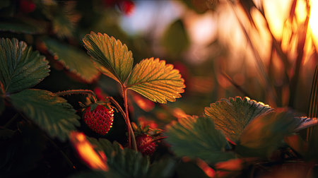 The Strawberry at sunset, Golden red sunset light filters through the leaves, still atmosphere, warm orange glow blending with natural green tones.の写真素材