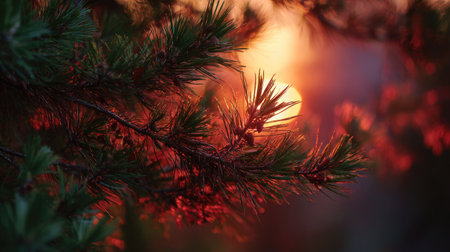 The Pine at sunset, Golden red sunset light filters through the leaves, still atmosphere, warm orange glow blending with natural green tones.の写真素材