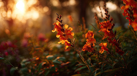 The Snapdragon at sunset, Golden red sunset light filters through the leaves, still atmosphere, warm orange glow blending with natural green tones.の写真素材