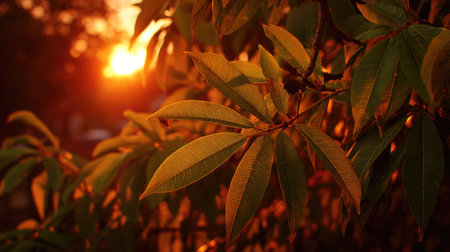 Golden red sunset light filters through the leaves, still atmosphere, warm orange glow blending with natural green tones.の写真素材