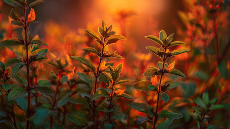 The Skullcap at sunset, Golden red sunset light filters through the leaves, still atmosphere, warm orange glow blending with natural green tones.の写真素材