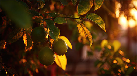 The Persian lime at sunset, Golden red sunset light filters through the leaves, still atmosphere, warm orange glow blending with natural green tones.の写真素材