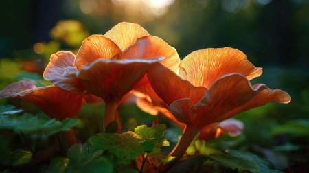 The Oyster mushroom at sunset, Golden red sunset light filters through the leaves, still atmosphere, warm orange glow blending with natural green tones.の写真素材