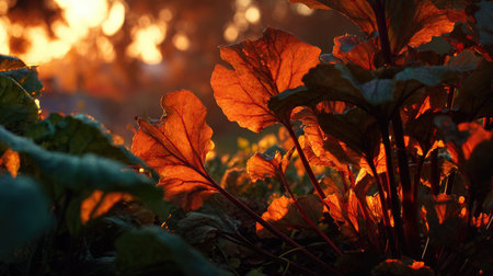 The Turnip at sunset, Golden red sunset light filters through the leaves, still atmosphere, warm orange glow blending with natural green tones.の写真素材